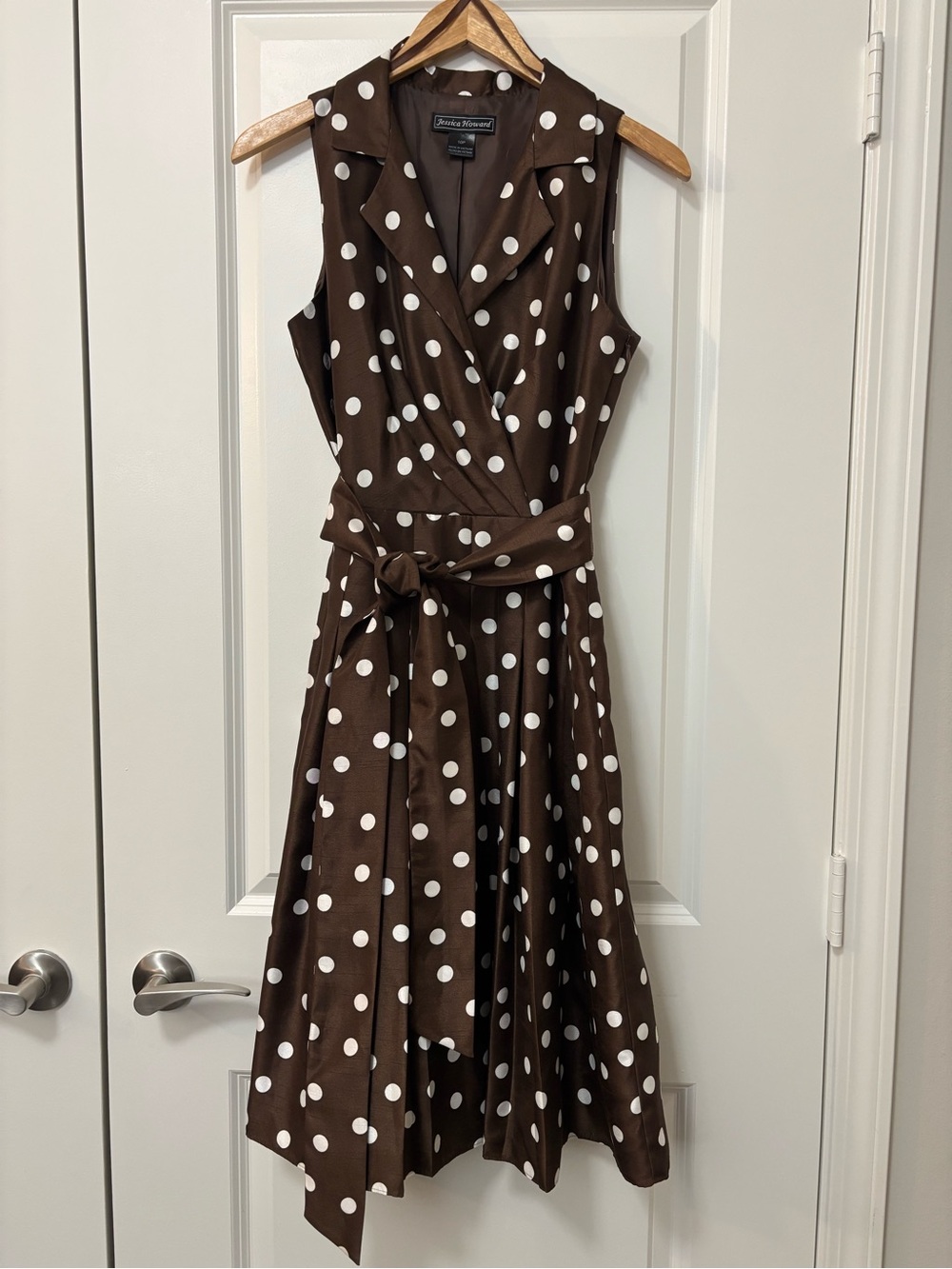 Jessica Howard Brown Polka Dot Knee Length Sleeveless Dress with Belt, Size 10P